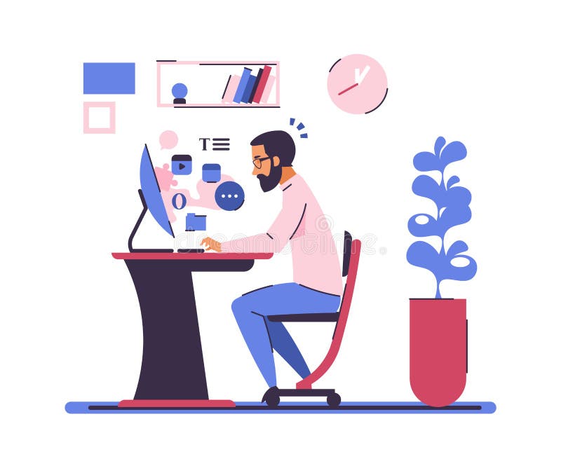 Cartoon man sitting at computer desk. Young freelancer, work in home or office. Webinar and self-education, web stock illustration