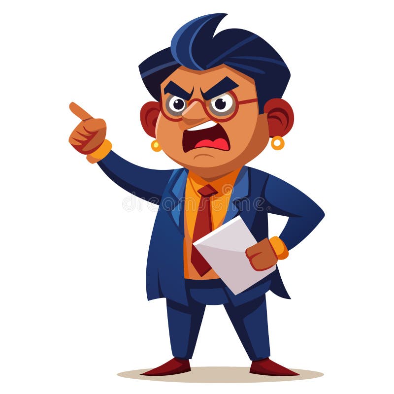 Cartoon man in suit angry and pointing with document in hand vector illustration