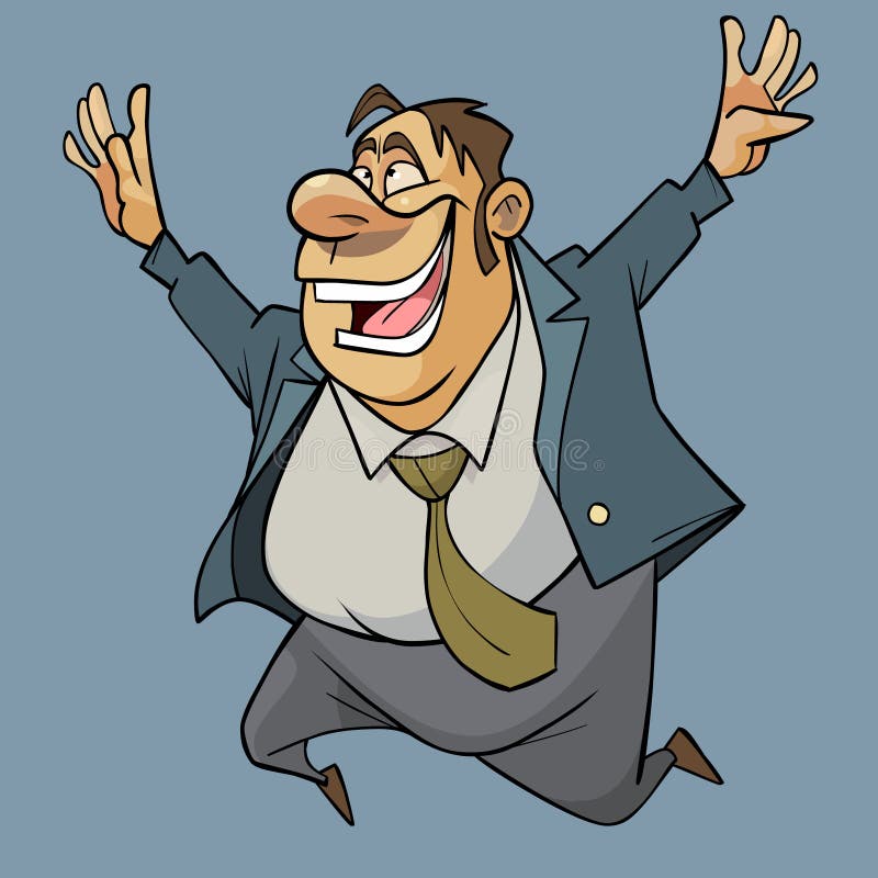 Cartoon man in suit with tie jumping for joy