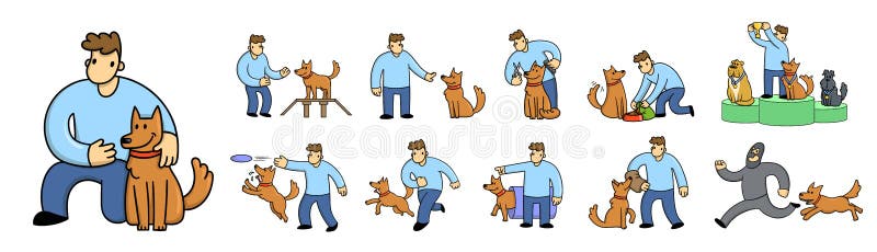 Cartoon man training his funny dog. Man and dog playing together. Dog chasing a criminal. Set of flat cartoon characters