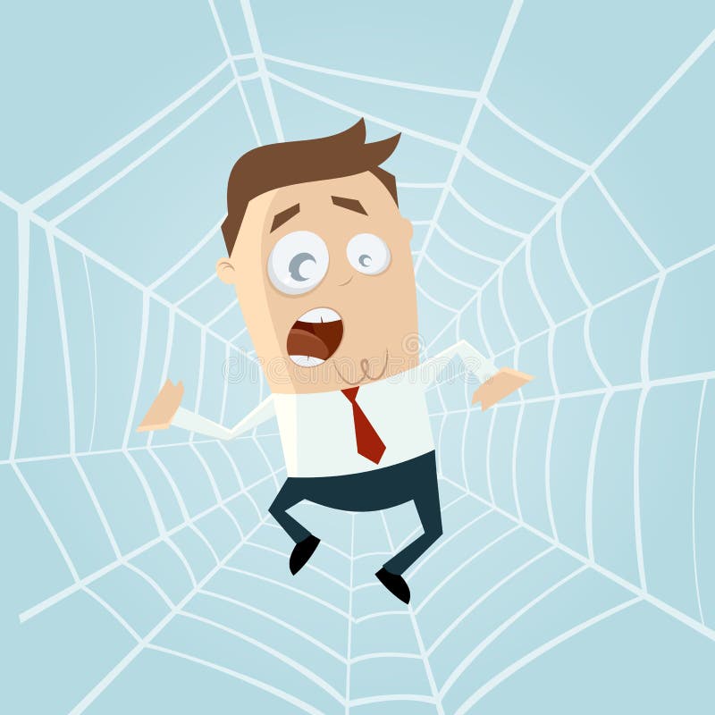 Cartoon man trapped in spiderweb stock illustration Cartoon man trapped in spiderweb stock illustration