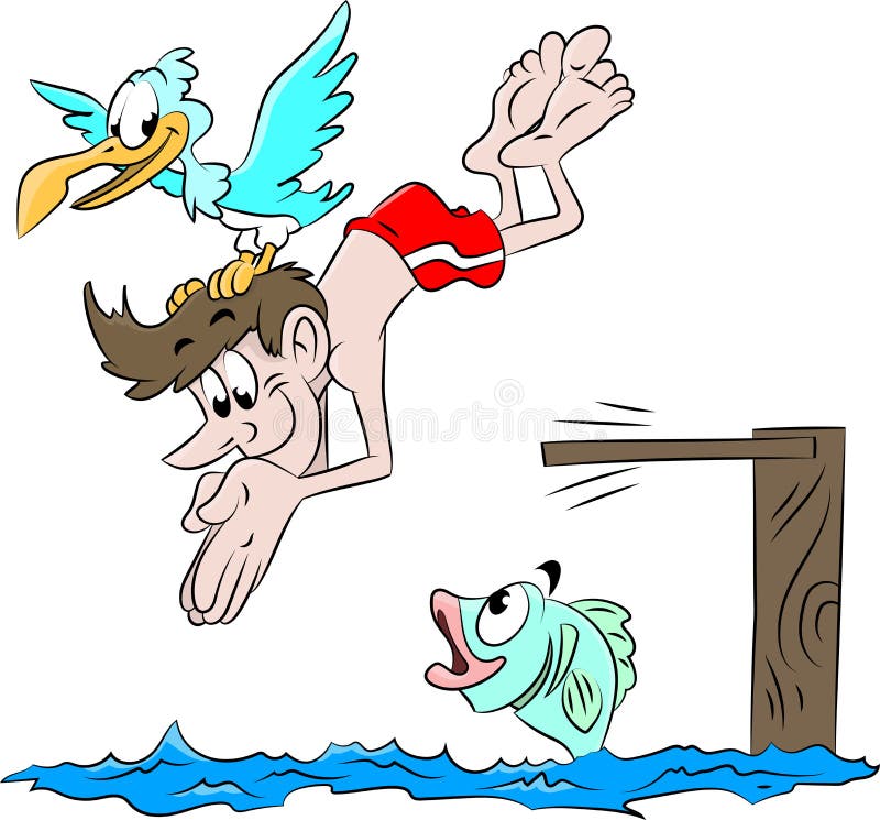 Cartoon Man on Vacation Diving into the Sea Vector Illustration Stock