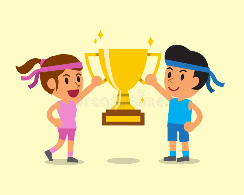 Cartoon a Man and a Woman Holding Trophy Stock Vector - Illustration of  competition, game: 69721554