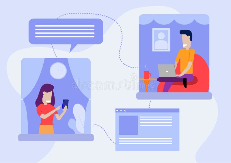 Cartoon of Man and Woman Using Laptop and Mobile Phone for Online  Communication and Social Media in Work from Home Stock Vector -  Illustration of laptop, home: 178317229