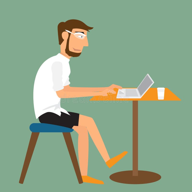 Cartoon Man Working with Laptop on the Desk. Stock Vector - Illustration of  laptop, internet: 73665425