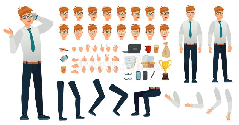 Cartoon manager character kit. Office managers creation constructor, different body views, face emotions and gestures. Business person poses construction. Isolated vector icons set