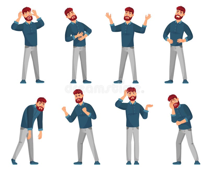 Cartoon man character. Thinking male, smiling happy men and sad man in casual clothes. Student or businessman character or handsome geek guy. Isolated vector illustration icons set. Cartoon man character. Thinking male, smiling happy men and sad man in casual clothes. Student or businessman character or handsome geek guy. Isolated vector illustration icons set