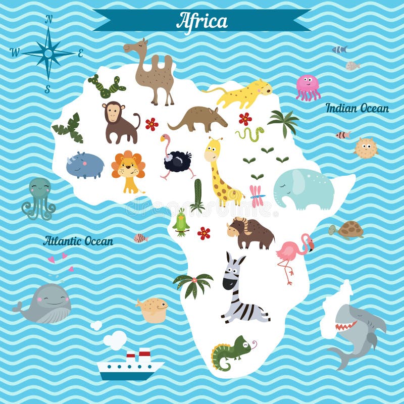 Cartoon Map of Africa Continent with Different Animals. Stock Vector -  Illustration of discovery, earth: 77076424