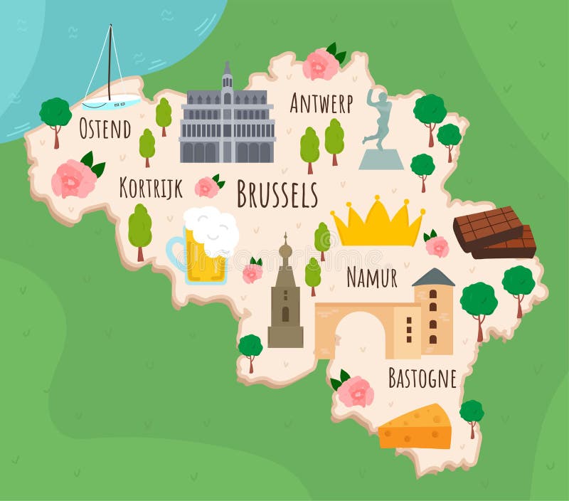 Cartoon Map of Belgium. Travel Illustration with Landmarks, Buildings, Food and Plants. Funny Tourist Infographics Stock Illustration - Illustration of cheese, beer: 202288919