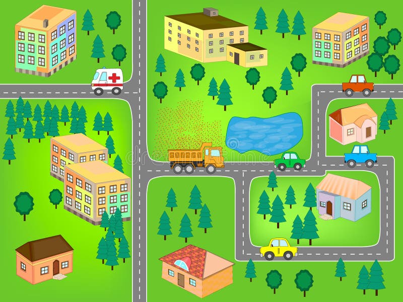 Cartoon Map Seamless Pattern. Roads, Cars and Houses . City Map for ...