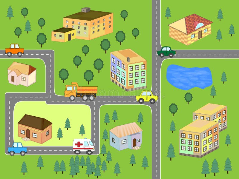 Cartoon Map Seamless Pattern. Roads, Cars and Houses . City Map for ...