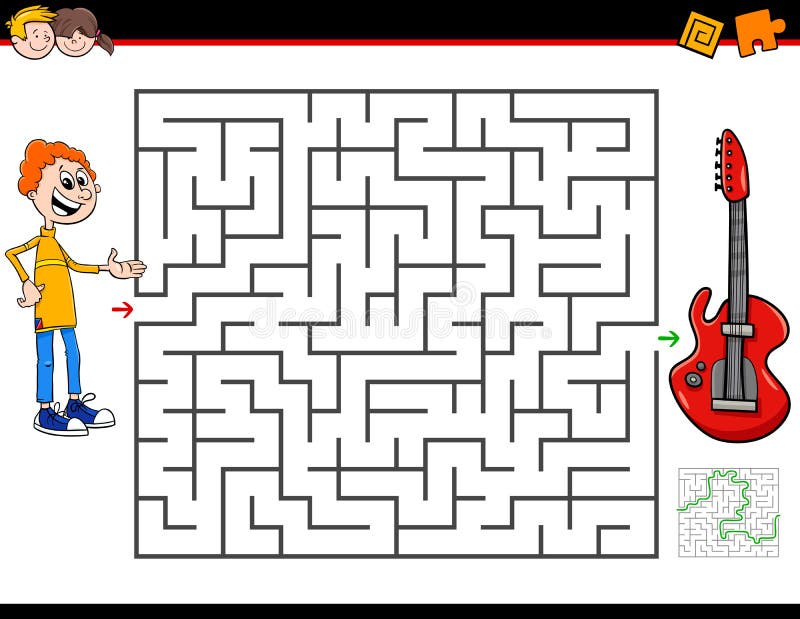 Cartoon maze game with boy and guitar vector illustration Cartoon maze game with boy and guitar vector illustration