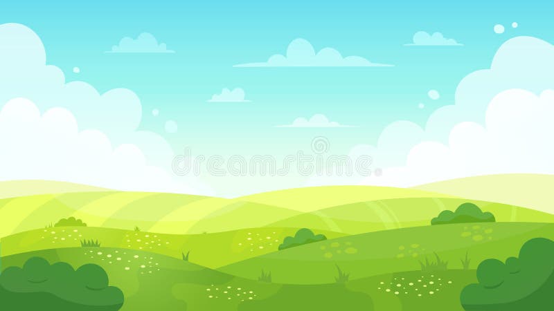 Cartoon meadow landscape. Summer green fields view, spring lawn hill and blue sky, green grass fields landscape vector