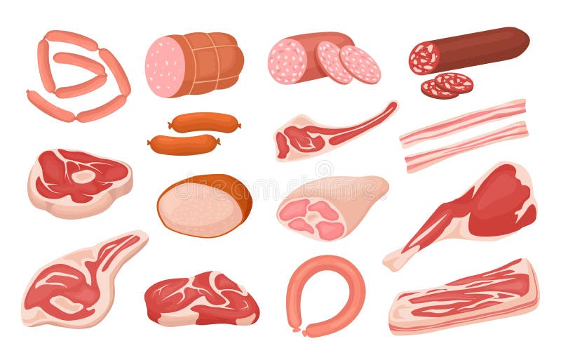 Cartoon meat products. Fresh pork sausages, raw steak, salami slices, ham, bacon, lamb leg. Barbecue product cooking stock illustration