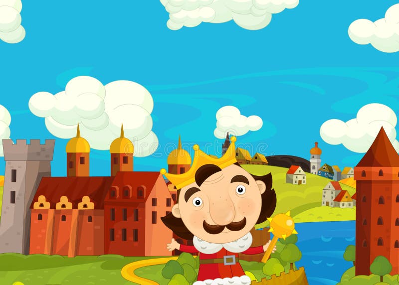 Cartoon medieval scene with king in front of his castle - image for different fairy tales