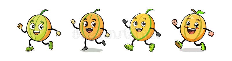 Cartoon Melon Characters Running with Positive Emotions vector illustration