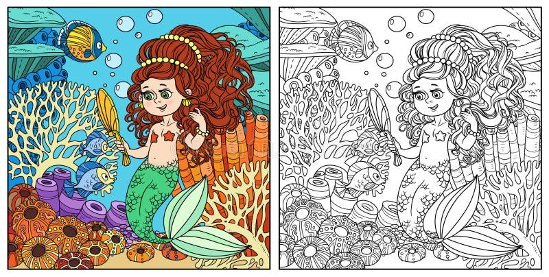 Mermaid girl pretties herself in front of a hand mirror on underwater world with corals and fish background color and