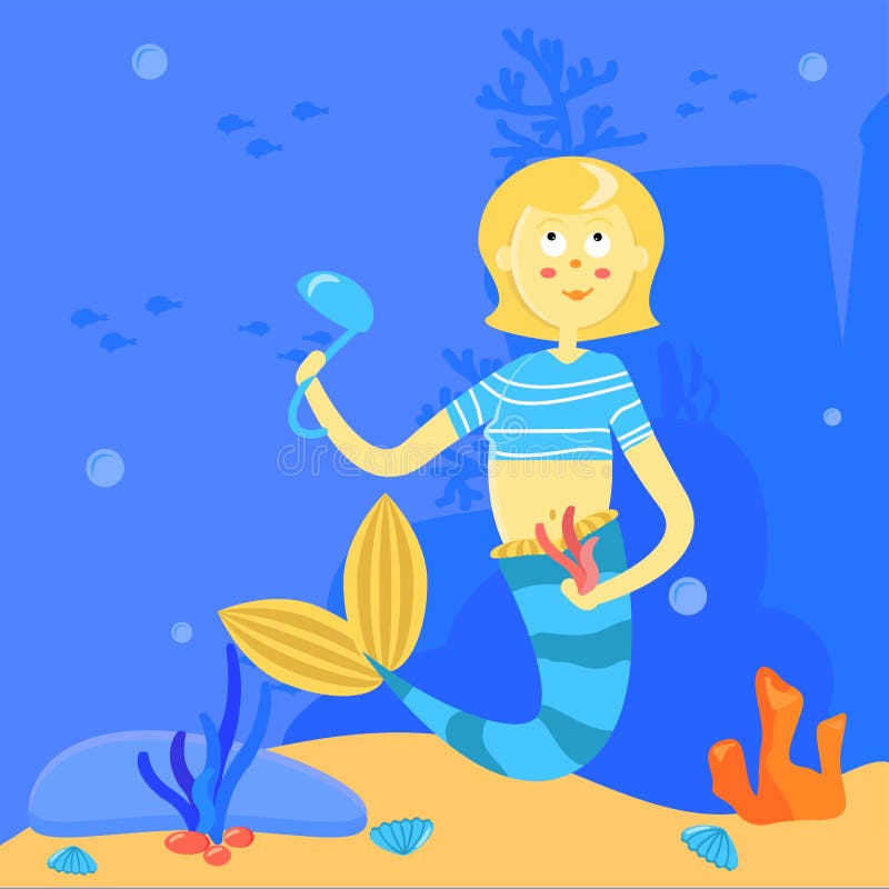 Cartoon mermaid with soup ladle and algae. Character on the background of the sea landscape. Underwater illustration royalty free illustration Cartoon mermaid with soup ladle and algae. Character on the background of the sea landscape. Underwater illustration royalty free illustration