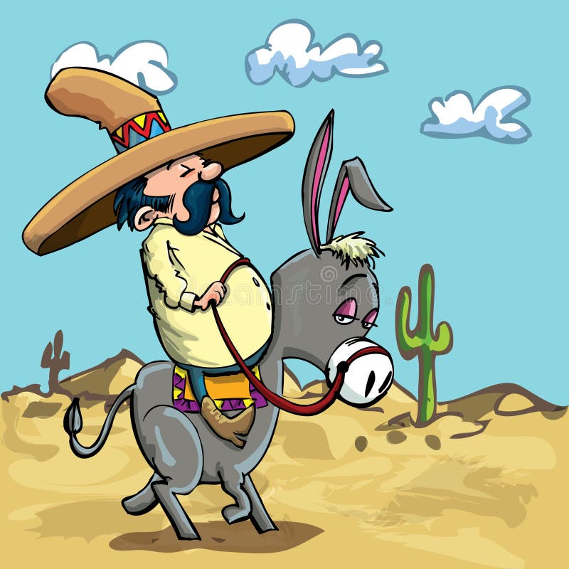 Cartoon Mexican riding a donkey in the desert