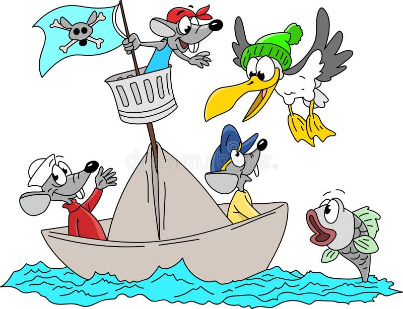 Cartoon mice, seagull and fish sailing together vector illustration