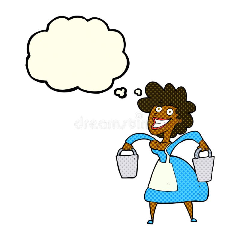 Cartoon Milkmaid Carrying Buckets with Thought Bubble Stock