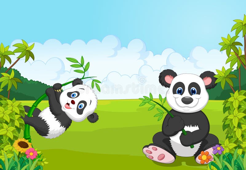 Cartoon mom and baby panda climbing bamboo tree stock illustration