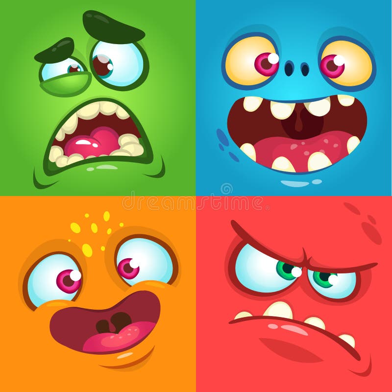 Cartoon monster faces set. Vector set of four Halloween monster faces stock illustration Cartoon monster faces set. Vector set of four Halloween monster faces stock illustration