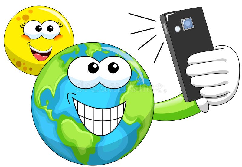 Cartoon Moon and Earth taking selfie stock illustration Cartoon Moon and Earth taking selfie stock illustration