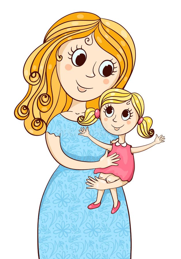 Cartoon mother with litle girl