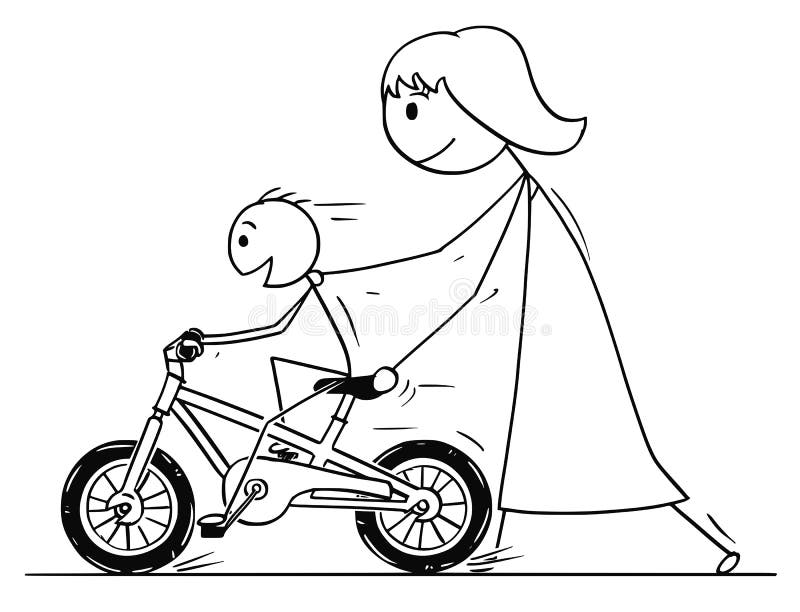 Cartoon of Mother and Son Learning To Ride a Bike or Bicycle Stock Vector -  Illustration of motherhood, family: 111393998
