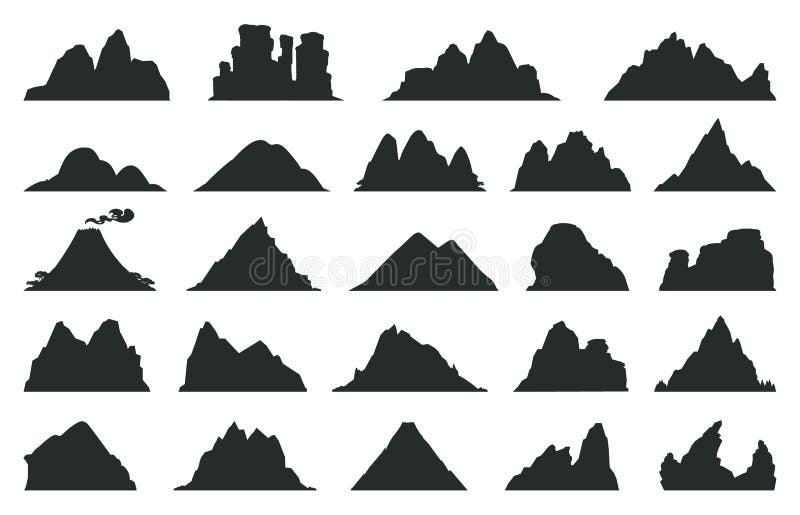 Cartoon mountains silhouettes, black outdoor landscape elements. Nature rocks, expedition or hiking mountain peaks mountain peak