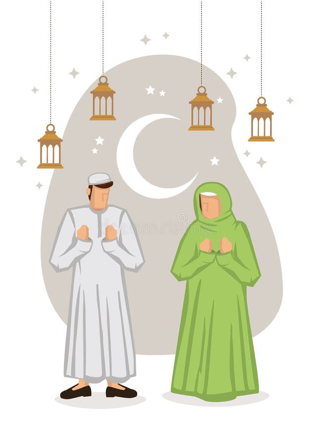 Cartoon Muslim Couple with Crescent Moon, Stars in a White Background.  Ramadan Fasting or Hari Raya Festival Concept Stock Vector - Illustration  of greeting, decorative: 181764311