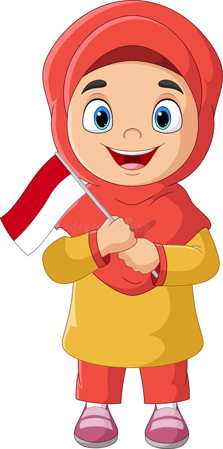 Cartoon Muslim Girl Holding an Indonesian Flag Stock Vector ...