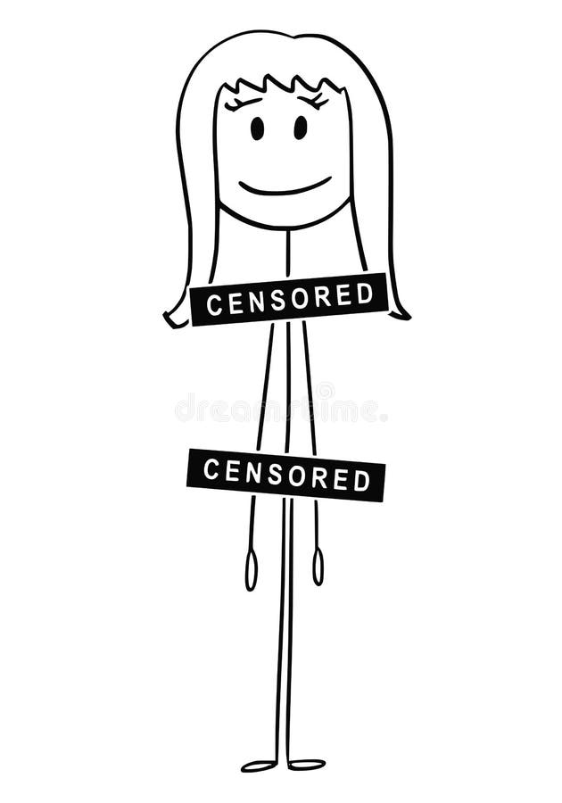 Cartoon of Naked or Nude Woman with Censored Bar or Sign Covering Breasts, Genitalia, Groin or Crotch