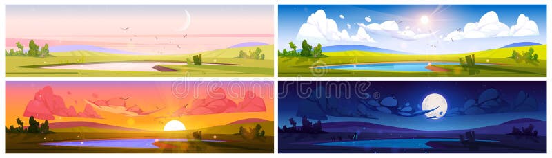 Cartoon nature landscape day time set, backgrounds