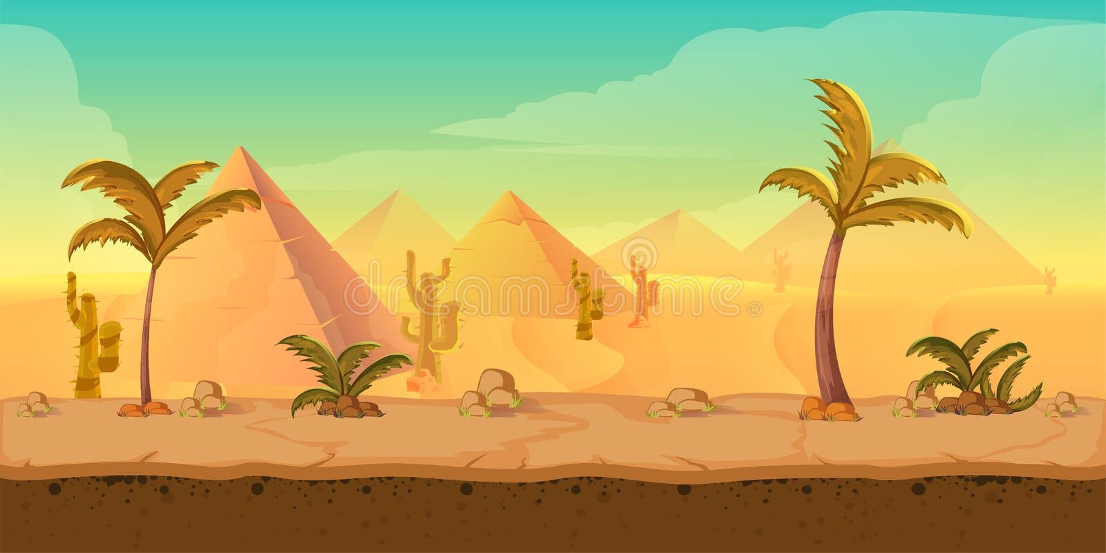 Cartoon nature sand desert landscape with palms, herbs and mountains. Vector game style illustration vector illustration Cartoon nature sand desert landscape with palms, herbs and mountains. Vector game style illustration vector illustration