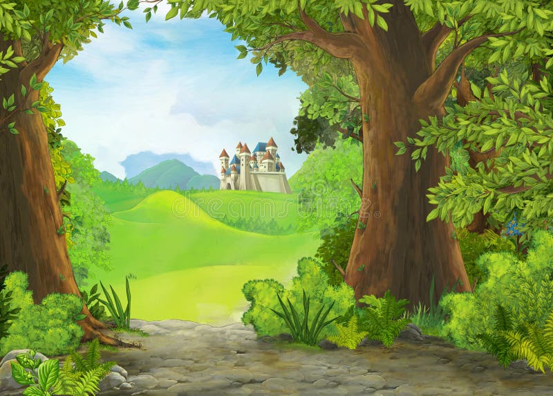 Cartoon nature scene with beautiful castle - illustration for the children kids