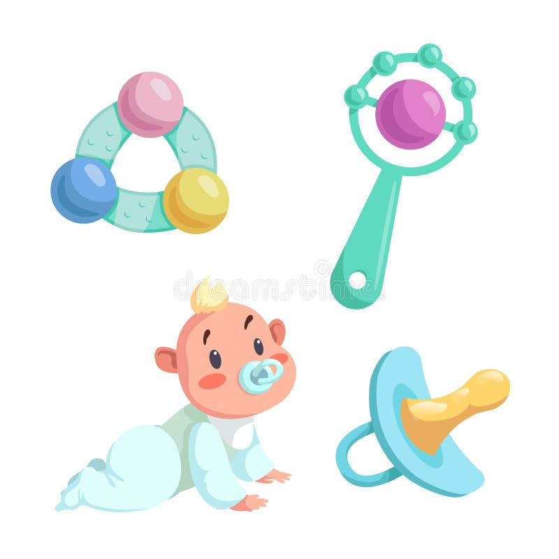Cartoon newborn baby and accessories set. Baby boy with dummy crawl, rubber dummy and different rattles. vector illustration