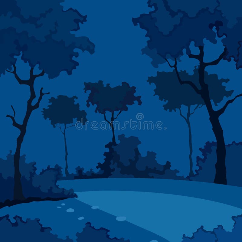 Cartoon Night Background of Forest with Deciduous Trees Stock Vector