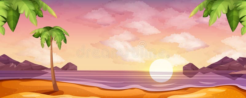 Cartoon Ocean Landscape with Sunset or Sunrise on Beach Stock Vector -  Illustration of sand, tree: 239692916
