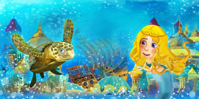 Cartoon Ocean Scene and the Mermaid Princess in Underwater Kingdom Swimming  and Having Fun Near Sunken Pirate Ship Illustration Stock Illustration -  Illustration of anime, funny: 168138534