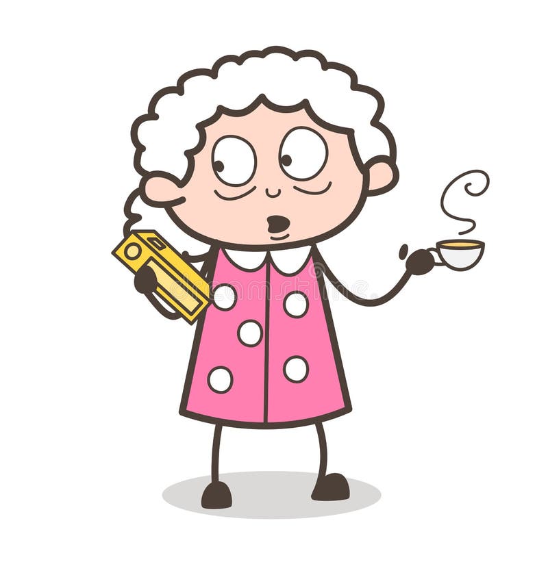 Cartoon Old Lady Holding a Book and Drinking a Hot Coffee Vector design. Cartoon Old Lady Holding a Book and Drinking a Hot Coffee Vector design