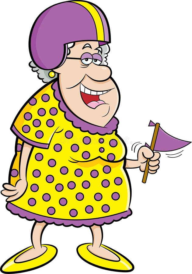 Cartoon old lady wearing a football helmet while holding a pennant.