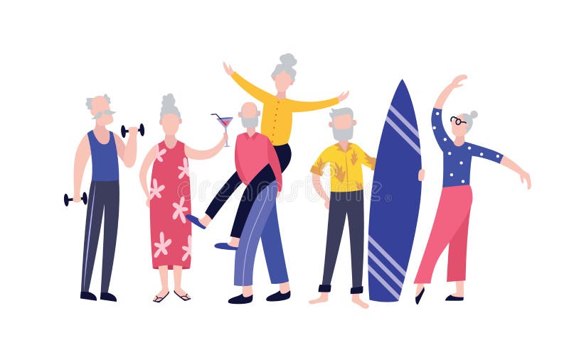 Cartoon old people having fun together - senior group of friends drinking, doing sports, dancing and living healthy lifestyle. Active retired community - flat isolated vector illustration. Cartoon old people having fun together - senior group of friends drinking, doing sports, dancing and living healthy lifestyle. Active retired community - flat isolated vector illustration.