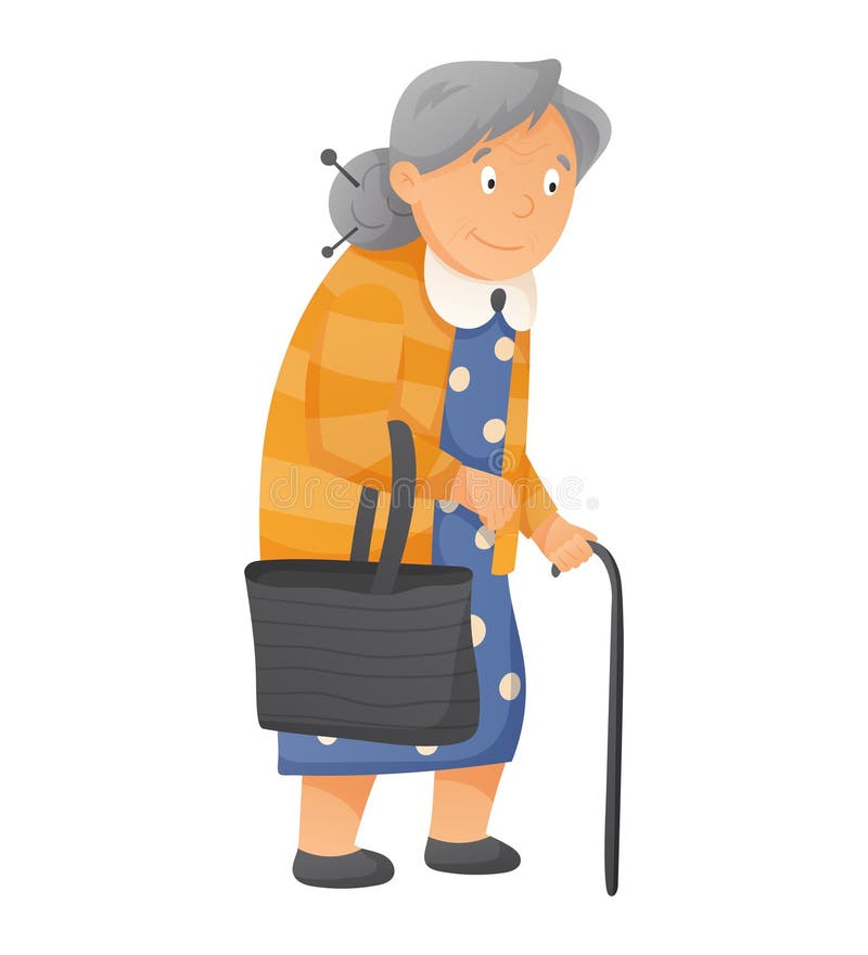 Cartoon Old Woman with Gray Hair and Walking Stick. Vector Isolated ...