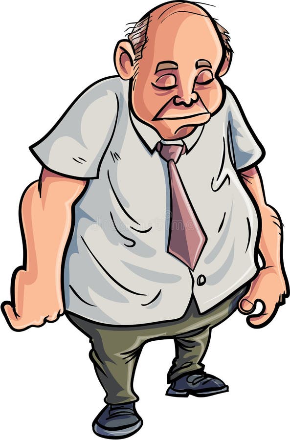 Cartoon overweight man looking very sad. Isolated on white