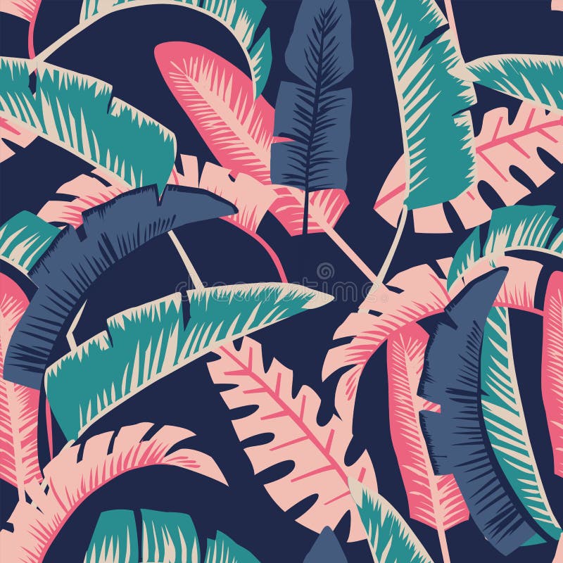 Cartoon palm leaves seamless dark blue background stock illustration