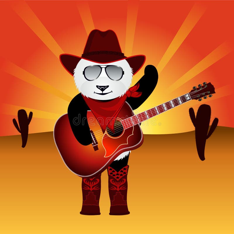 Cartoon panda bear with acoustic guitar on desert background with sunburst sky. royalty free illustration Cartoon panda bear with acoustic guitar on desert background with sunburst sky. royalty free illustration