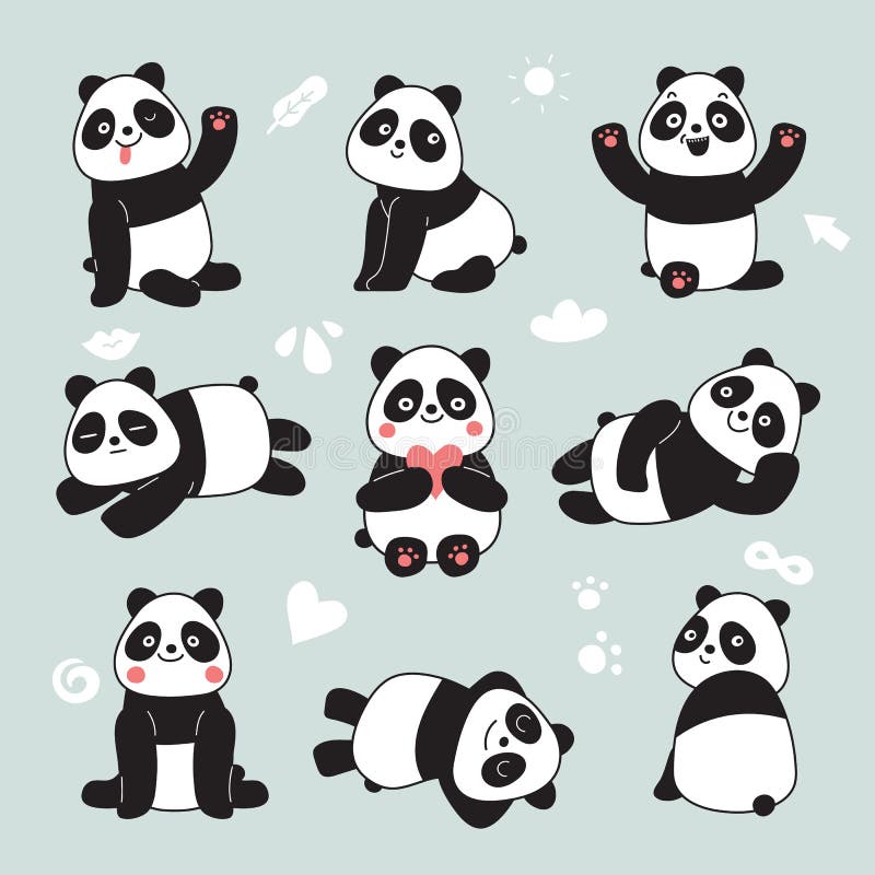 Um conjunto com ursos panda fofos ilustração vetorial para