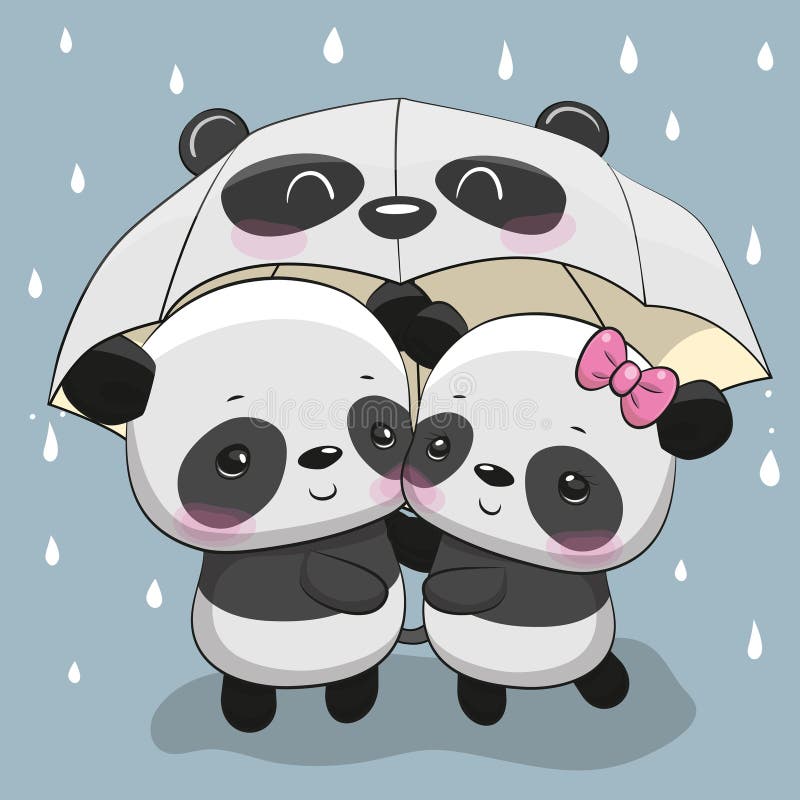 Cartoon pandas with umbrella under the rain stock illustration
